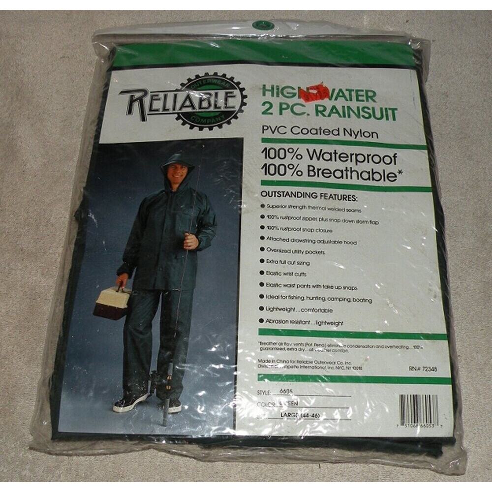Vtg Reliable Men’s Large Zipper PVC Coated Nylon Rain Suit Jacket Pant Green NWT
